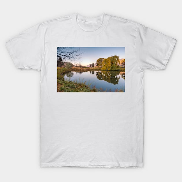 Garden Pond Reflecting Autumn Trees at Sunset T-Shirt by Amy-K-Mitchell